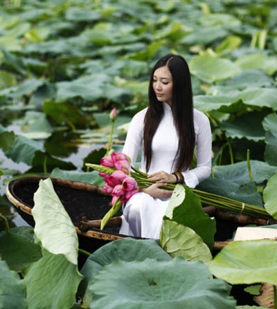 Á hậu Thùy Trang đẹp dịu dàng bên hoa sen